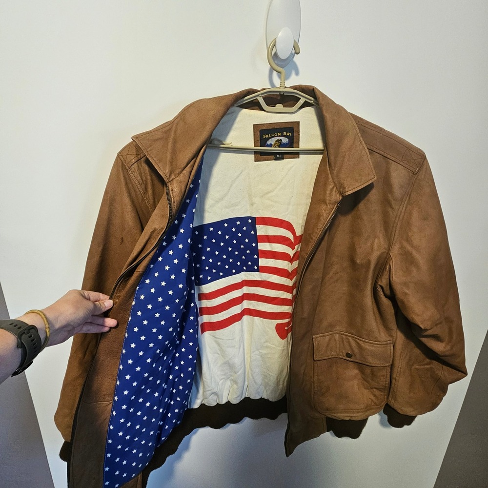 Vintage Falcon Bay Bomber Jacket Mens XLT Brown Genuine Leather Americana